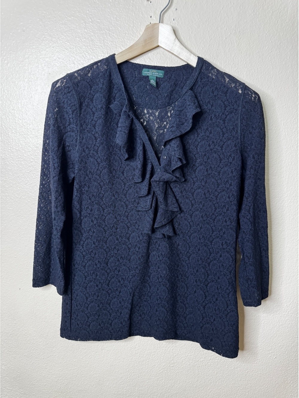 Lauren Jeans Co Ralph Lauren Womens L Black Lace Ruffle 3/4 Sleeve Blouse